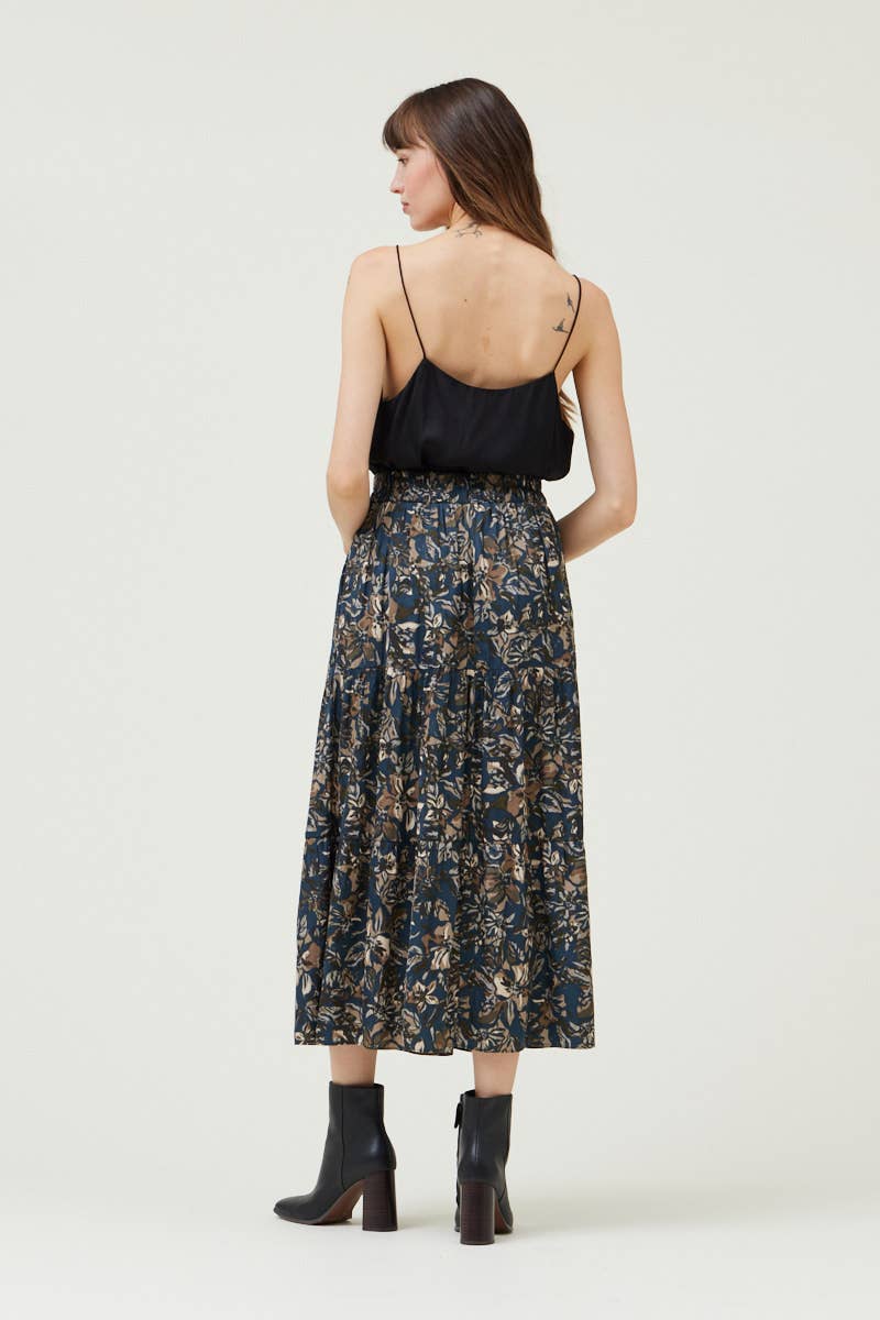 Grade & Gather - 50410VG - TIERED PRINTED CHIFFON SKIRT: Black / Contemporary