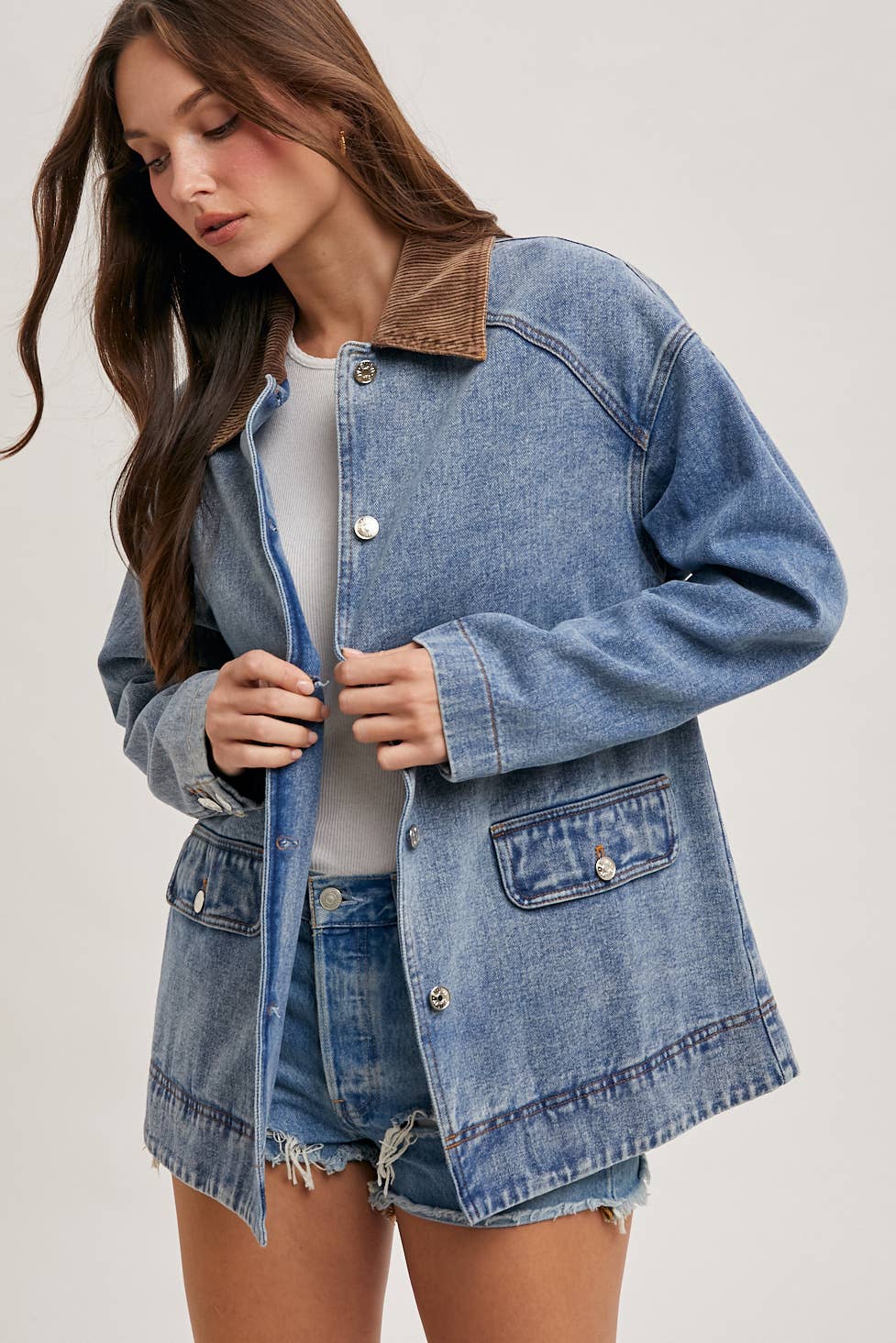 Bluivy - DENIM CORDUROY COLLAR CONTRAST BARN COAT: MED.WASH