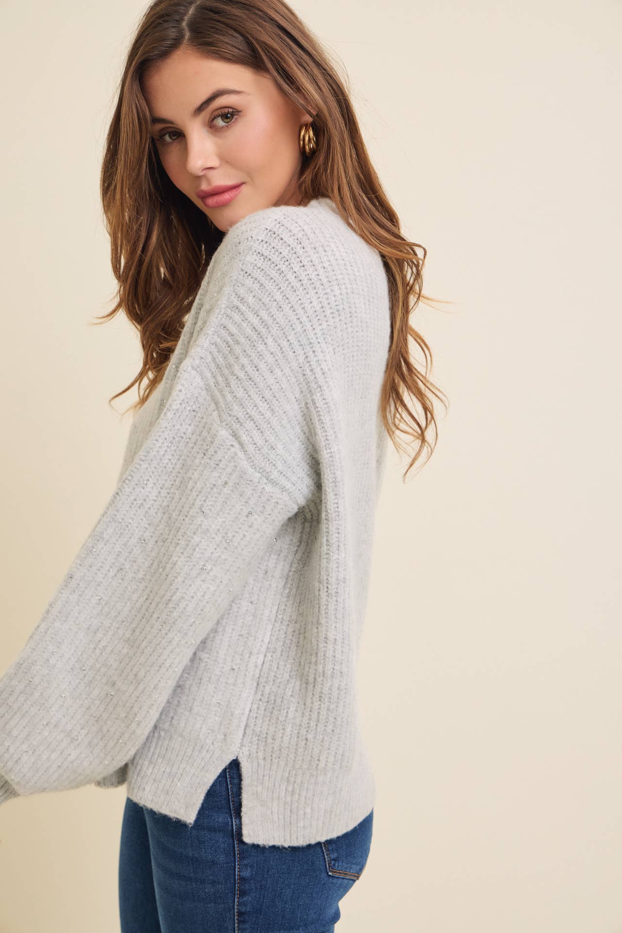 Klesis - IT4000 FUZZY SOFT RHINESTONE SWEATER KNIT TOP: Black / M