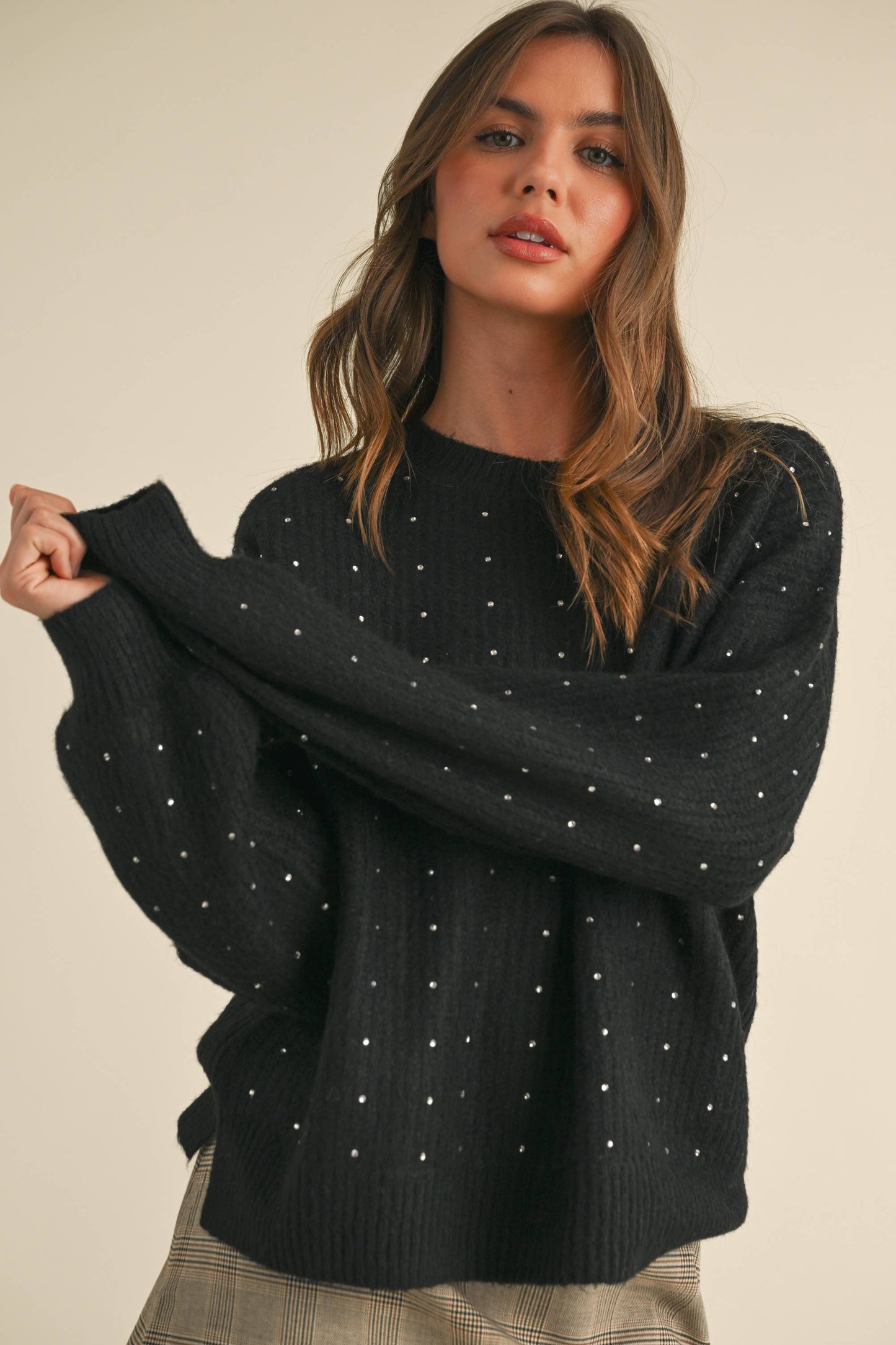 Klesis - IT4000 FUZZY SOFT RHINESTONE SWEATER KNIT TOP: Black / M