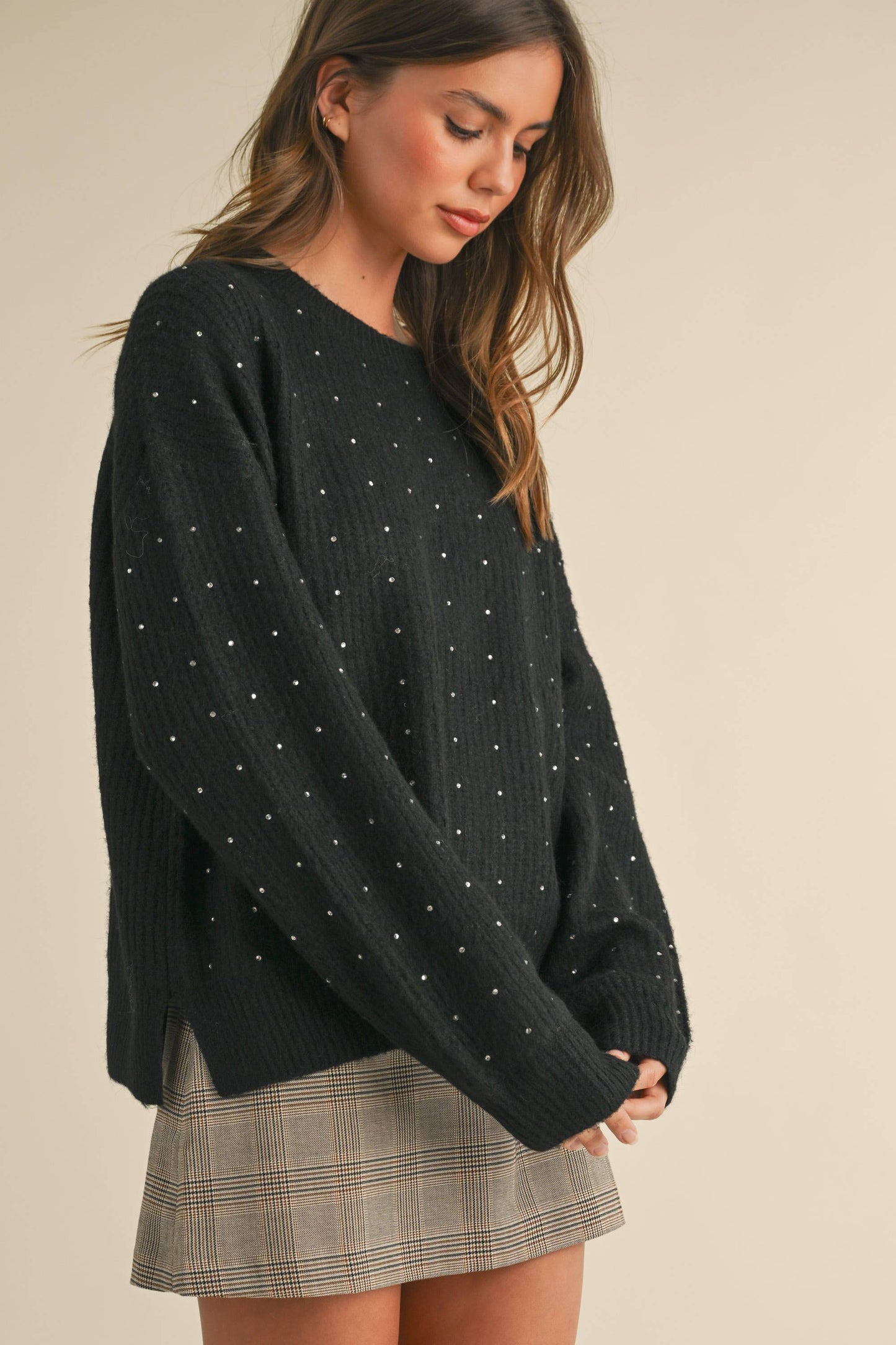 Klesis - IT4000 FUZZY SOFT RHINESTONE SWEATER KNIT TOP: Black / M