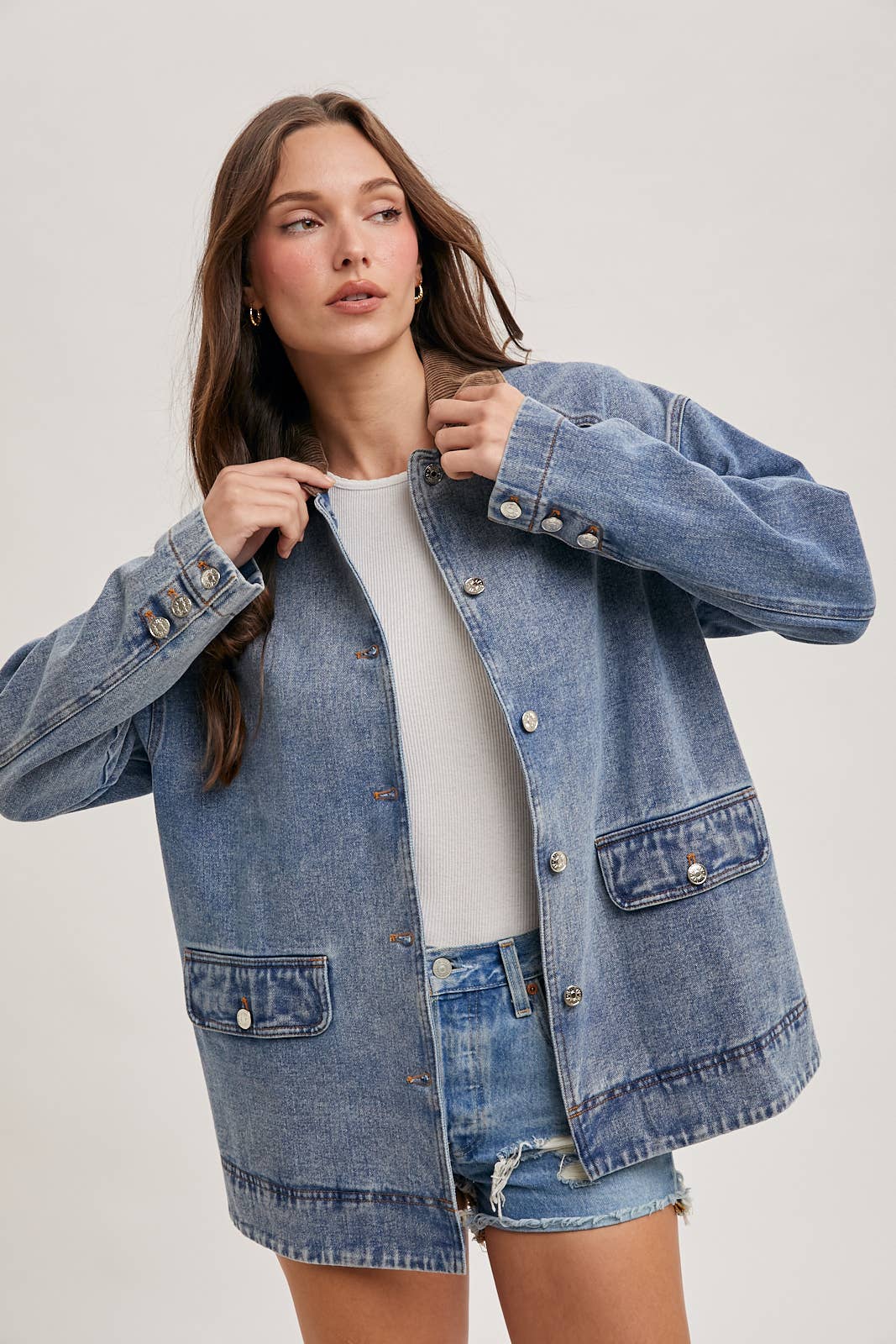 Bluivy - DENIM CORDUROY COLLAR CONTRAST BARN COAT: MED.WASH