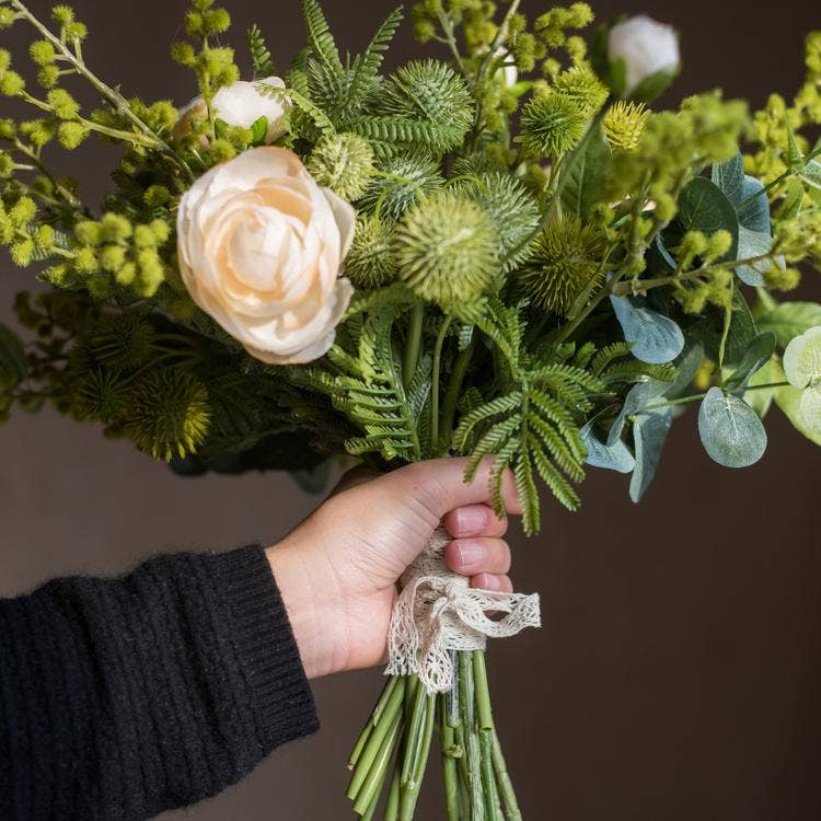 Rustic Reach - Artificial Flower Bouquet Greenery White Rose Bouquet 13" Ta