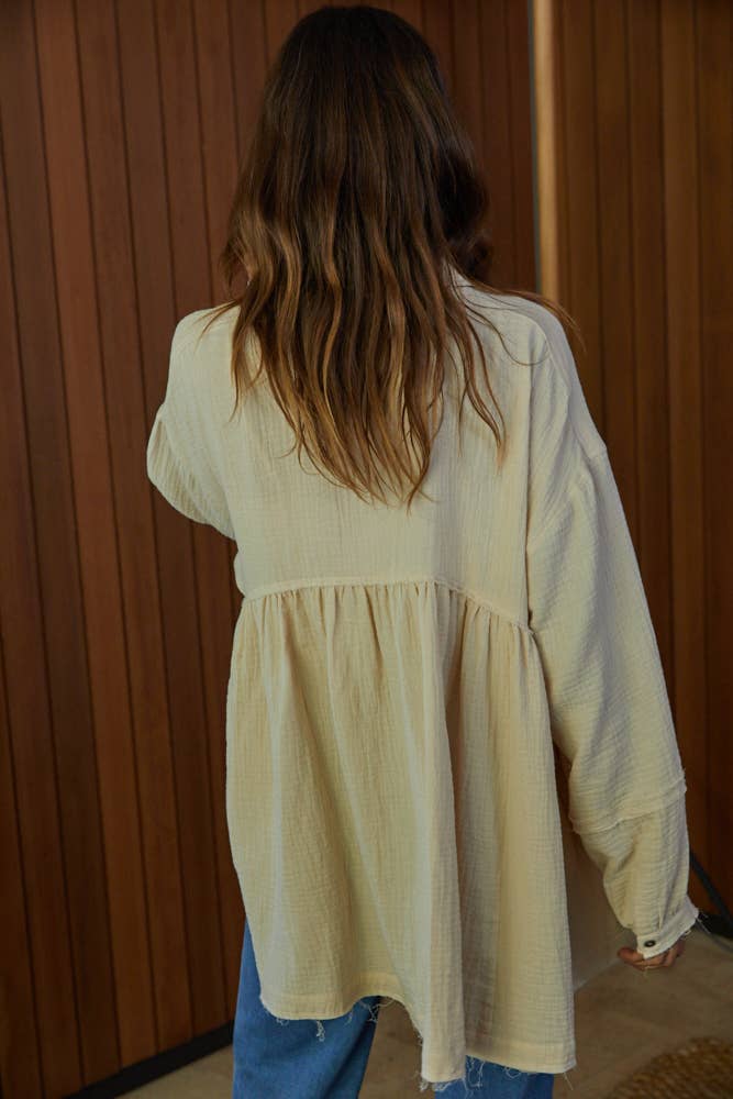 By Together - L5035 - Woven Cotton Gauze Oversized Shirt Tunic: Sand