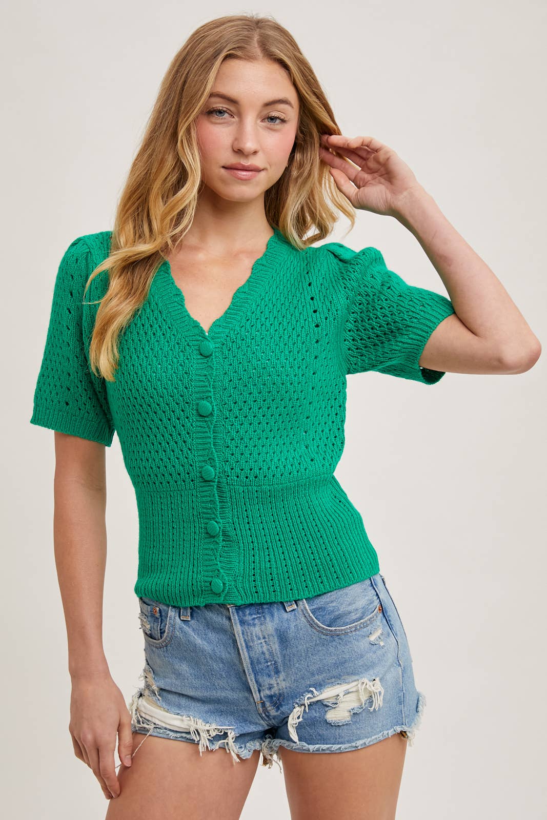 Bluivy - BUTTON DOWN SHORT SLEEVE KNIT CARDIGAN: KELLY GREEN