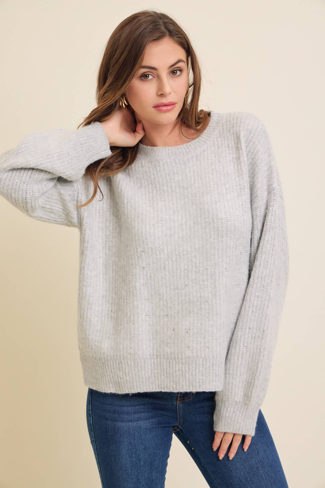 Klesis - IT4000 FUZZY SOFT RHINESTONE SWEATER KNIT TOP: Black / M