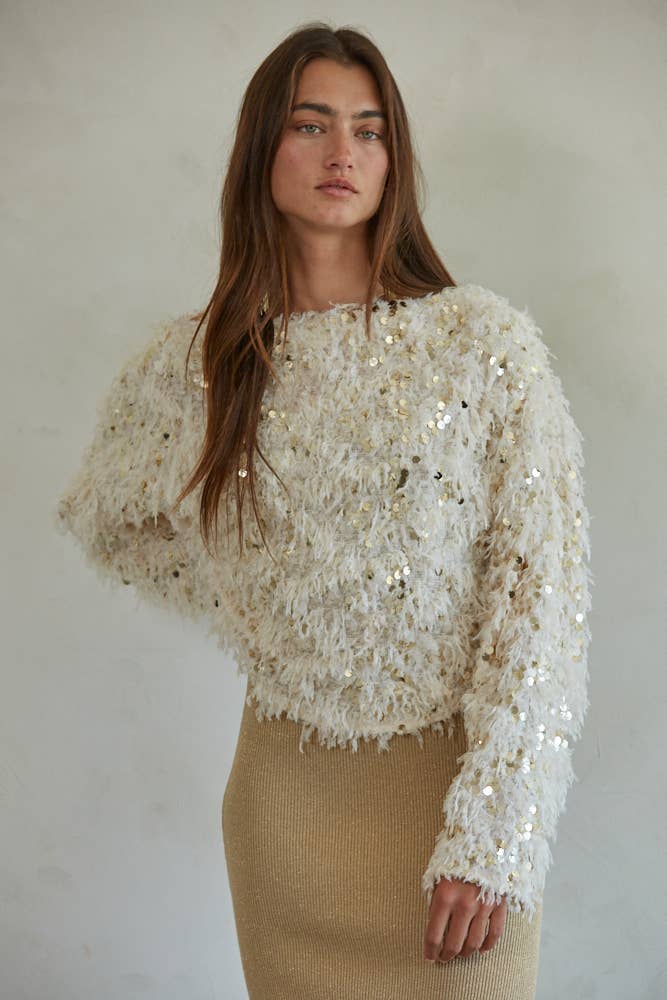 By Together - L7324 | Sequin Round Neck Long Sleeve Pullover Top: Natural