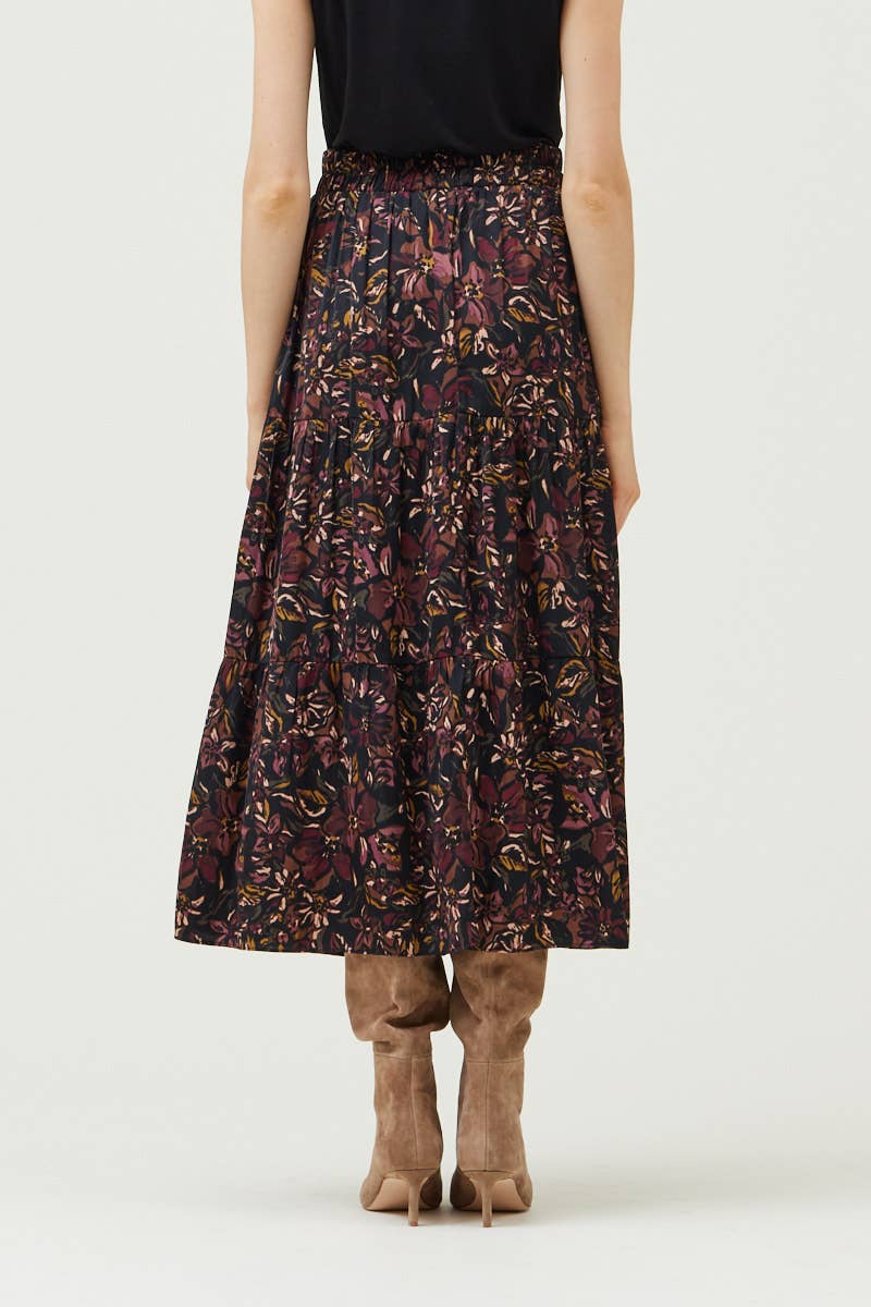 Grade & Gather - 50410VG - TIERED PRINTED CHIFFON SKIRT: Black / Contemporary