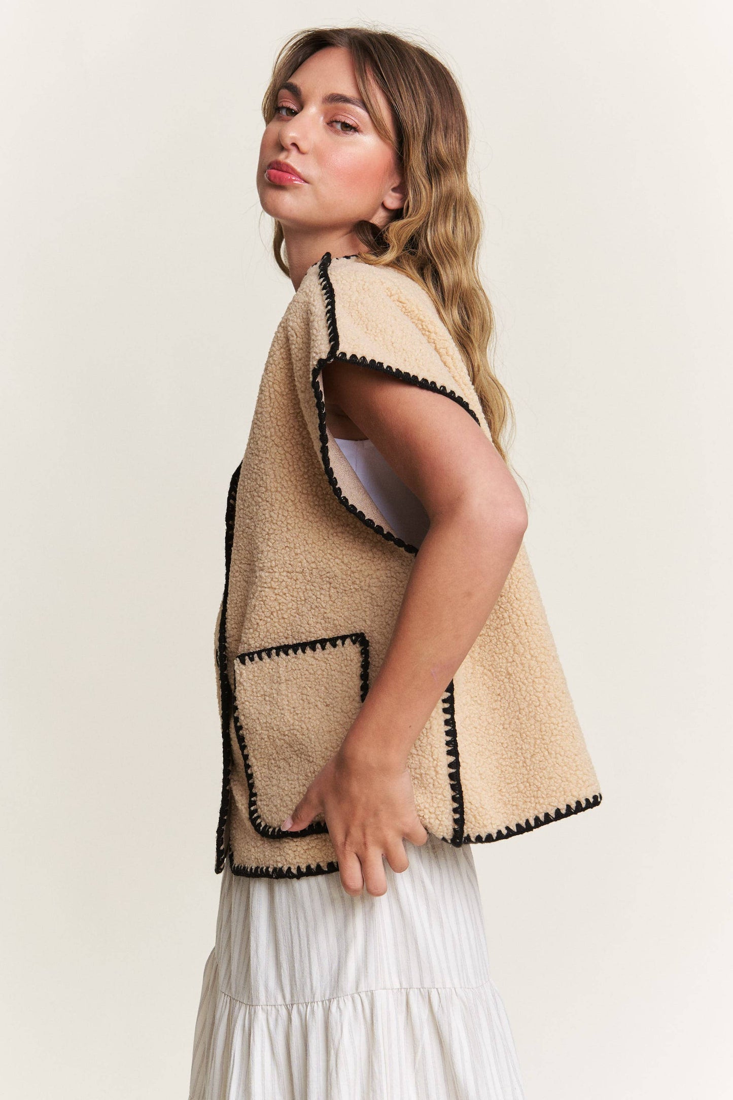 In the Beginning - Taupe Fuzzy Sherpa Vests Jacket: Taupe