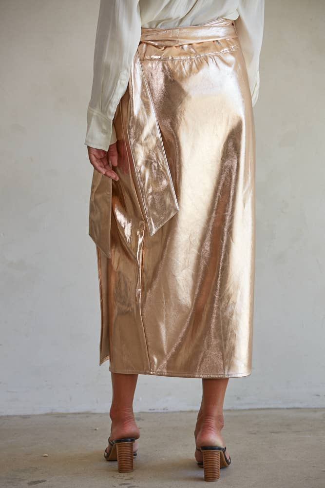 By Together - L7638 | Woven PU Tie Strap Detail Wrap Midi Skirt: Rose Gold