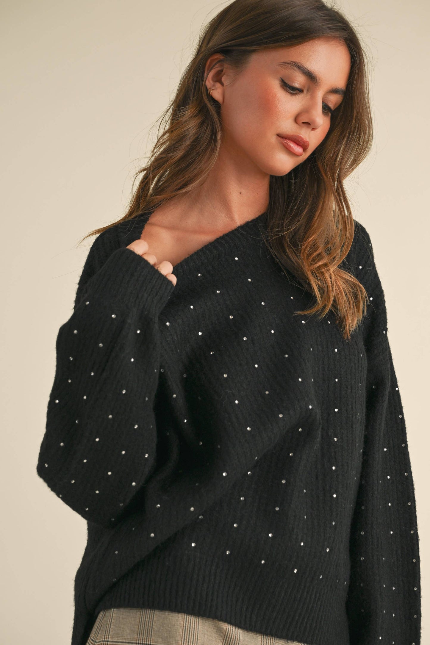 Klesis - IT4000 FUZZY SOFT RHINESTONE SWEATER KNIT TOP: Black / M