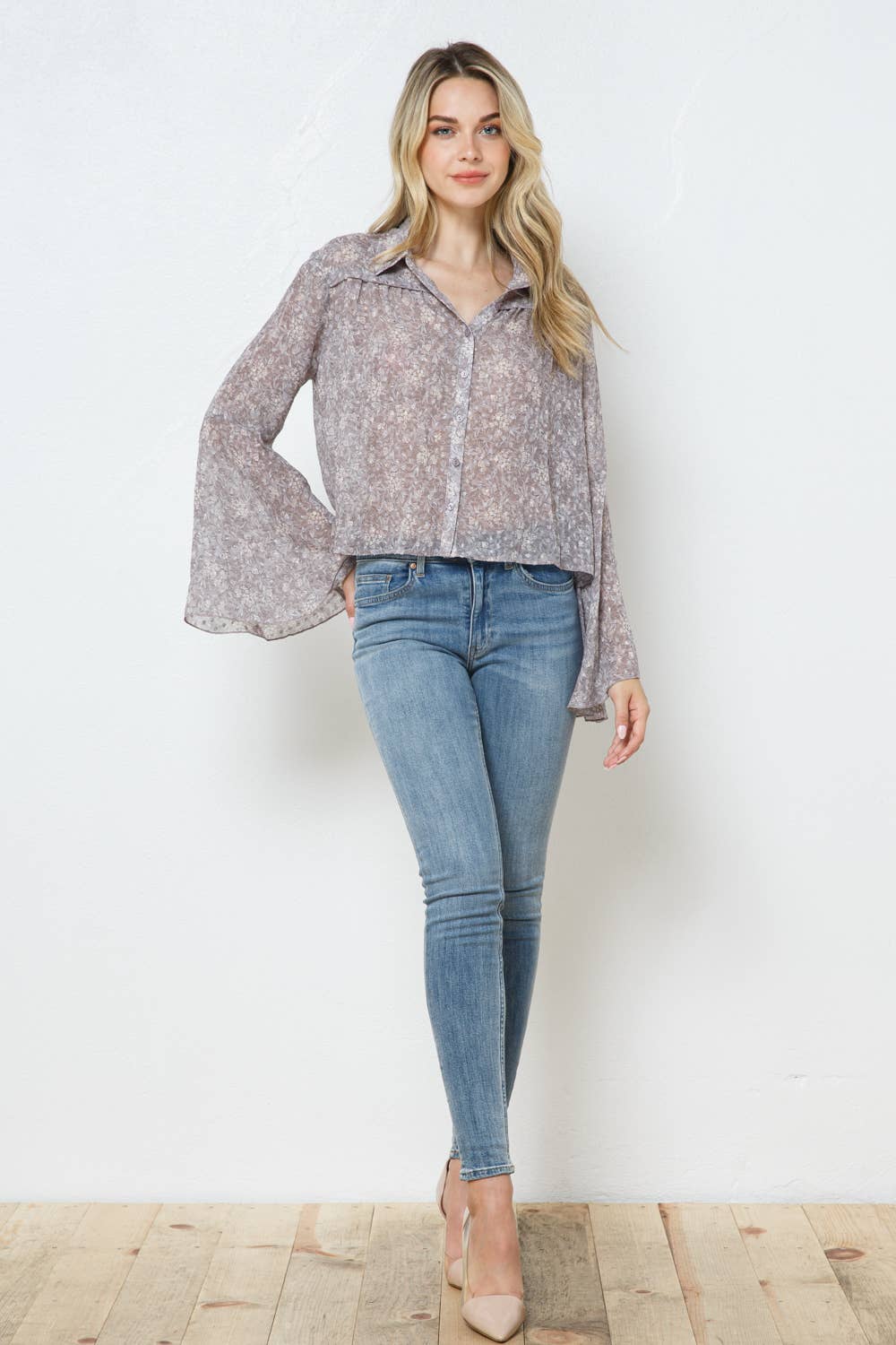 Blue B - 22079T - Chiffon Clip Dot Jacquard Button Bell Sleeve Blouse: GREY