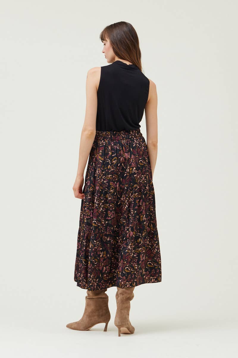 Grade & Gather - 50410VG - TIERED PRINTED CHIFFON SKIRT: Black / Contemporary