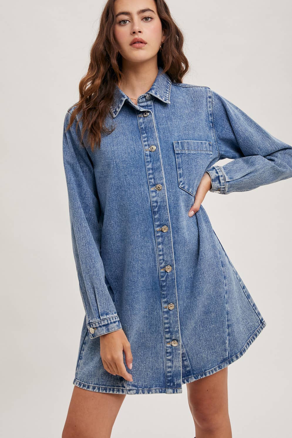 Bluivy - DENIM BUTTON DOWN SHIRT DRESS: WASHED BLUE