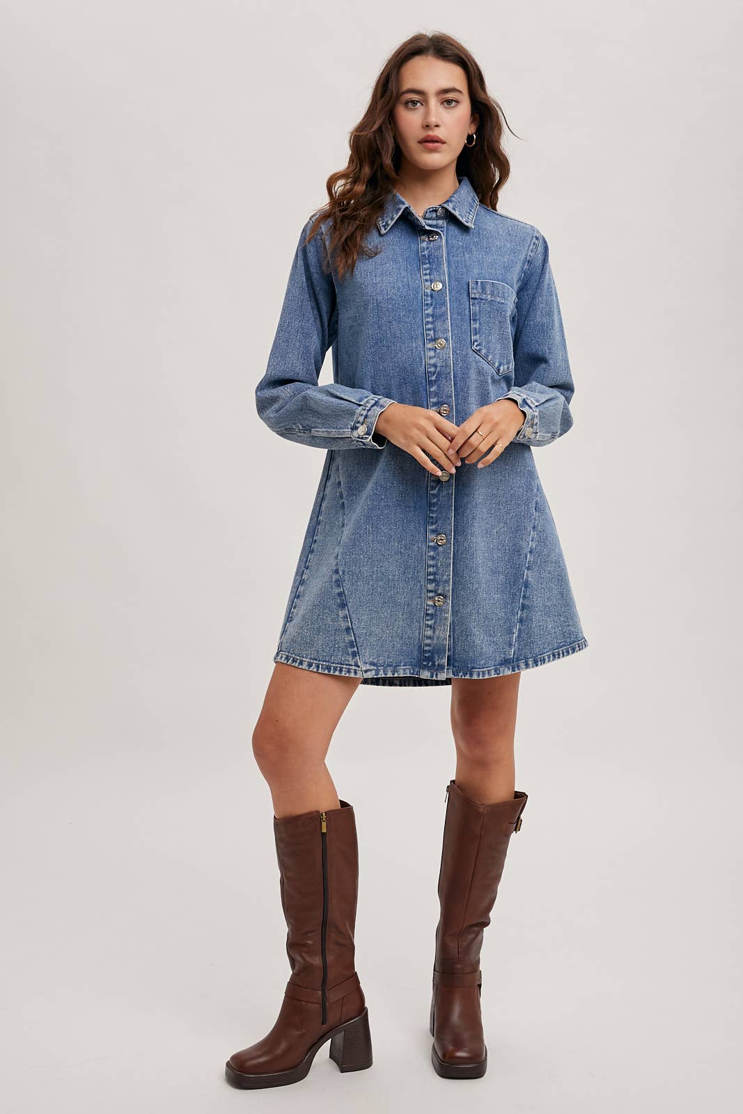 Bluivy - DENIM BUTTON DOWN SHIRT DRESS: WASHED BLUE