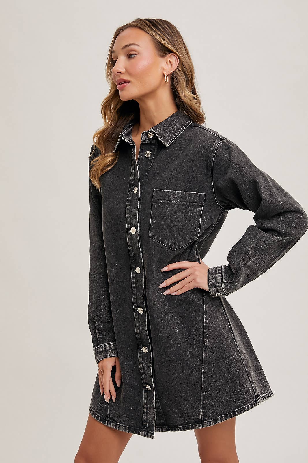 Bluivy - DENIM BUTTON DOWN SHIRT DRESS: WASHED BLUE