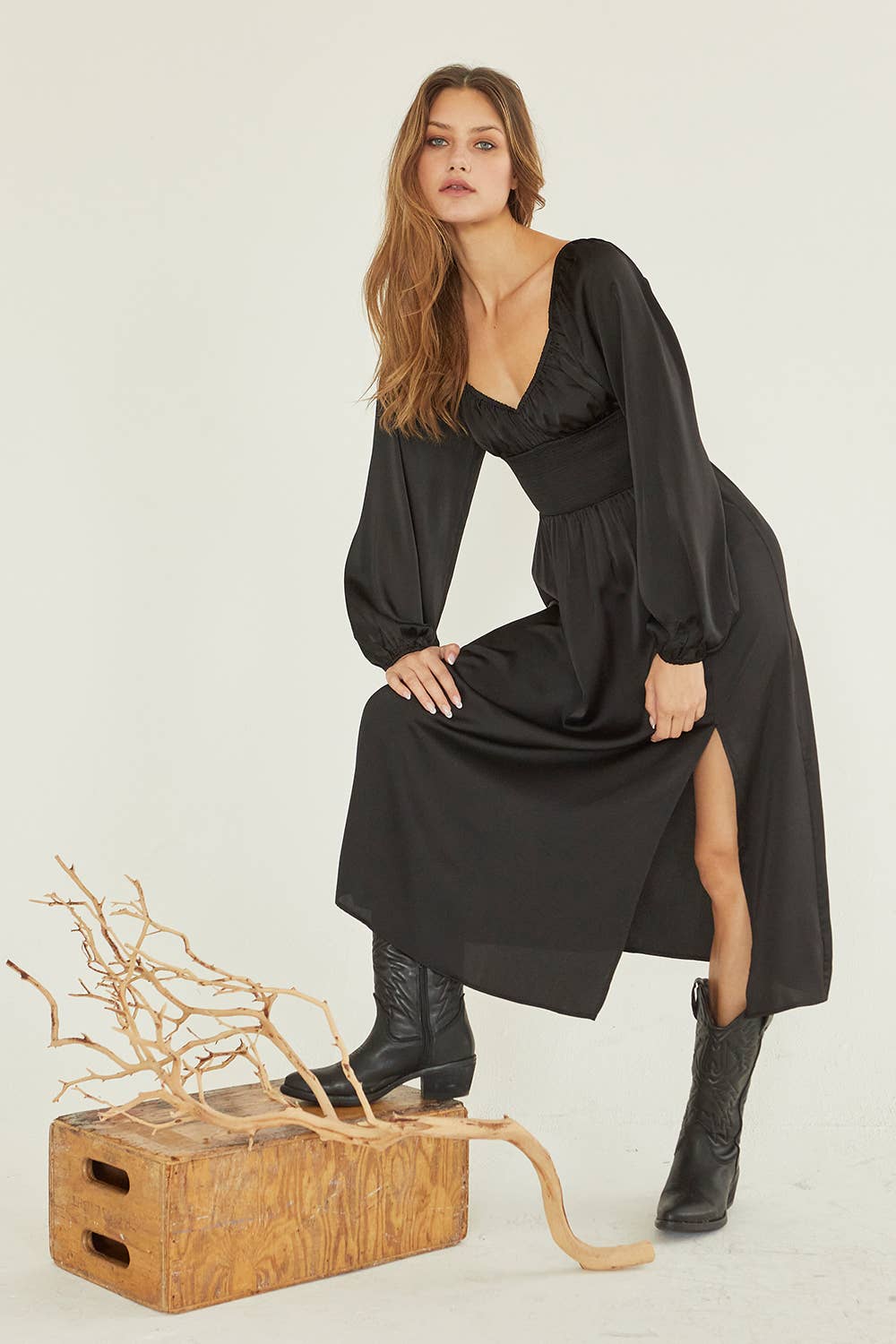 Crescent - CD8131 - Nubia Satin Midi Dress: BLACK