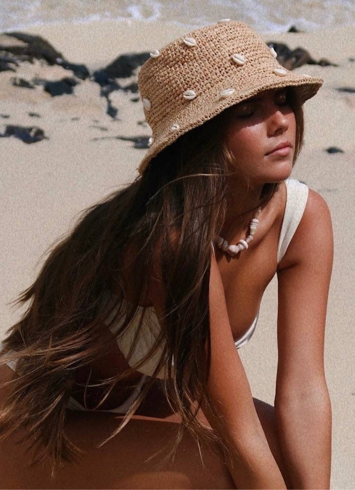 Augustine Hat Co. - Puka Dot- Cowry Shell Raffia Bucket Hat: M/L(59)
