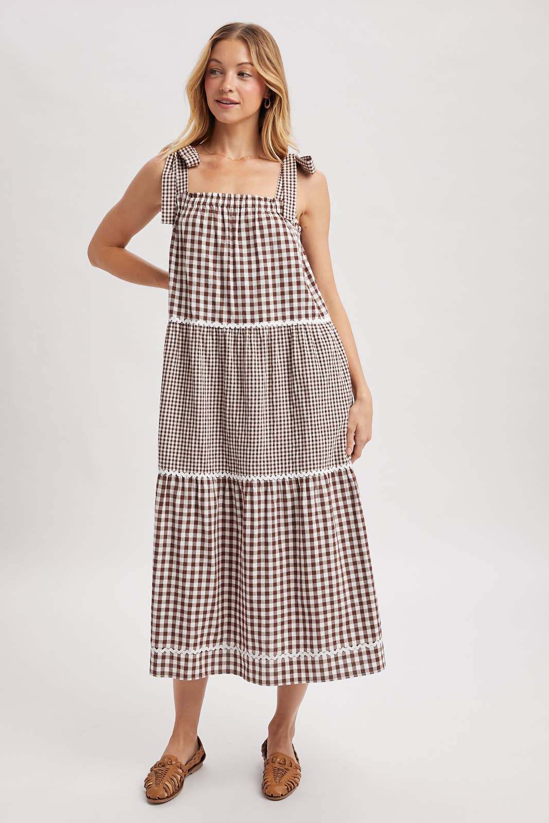 MULTI-GINGHAM TIERED MIDI DRESS /CHOCO/CREAM