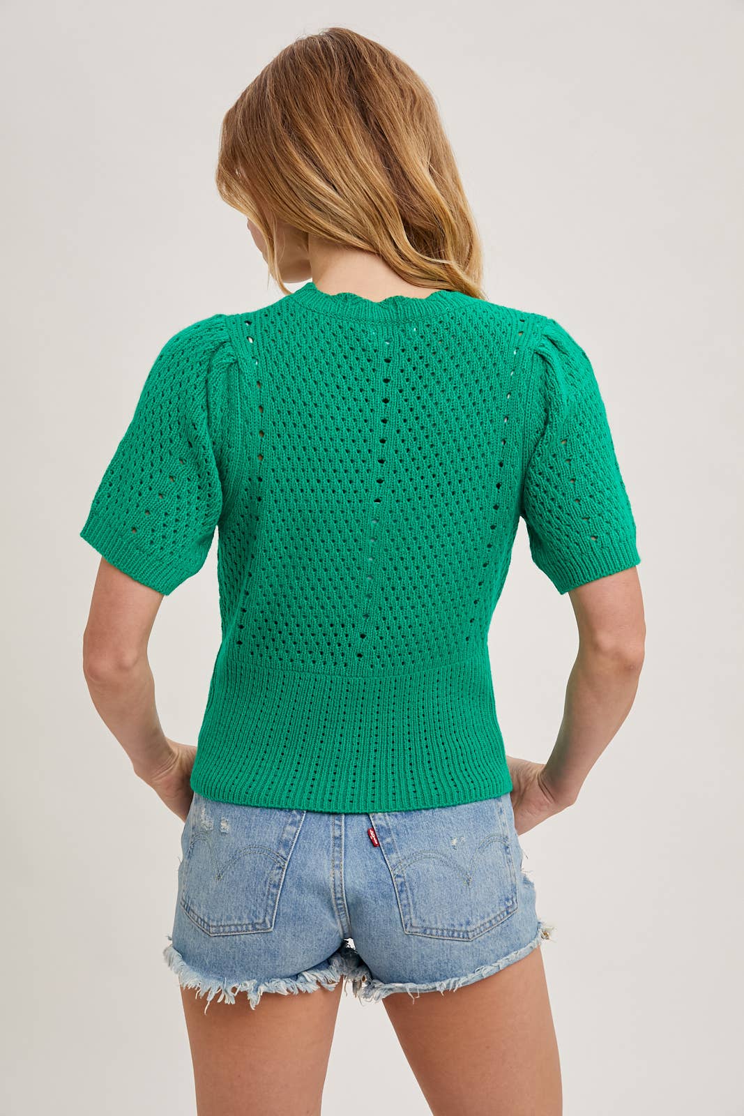 Bluivy - BUTTON DOWN SHORT SLEEVE KNIT CARDIGAN: KELLY GREEN