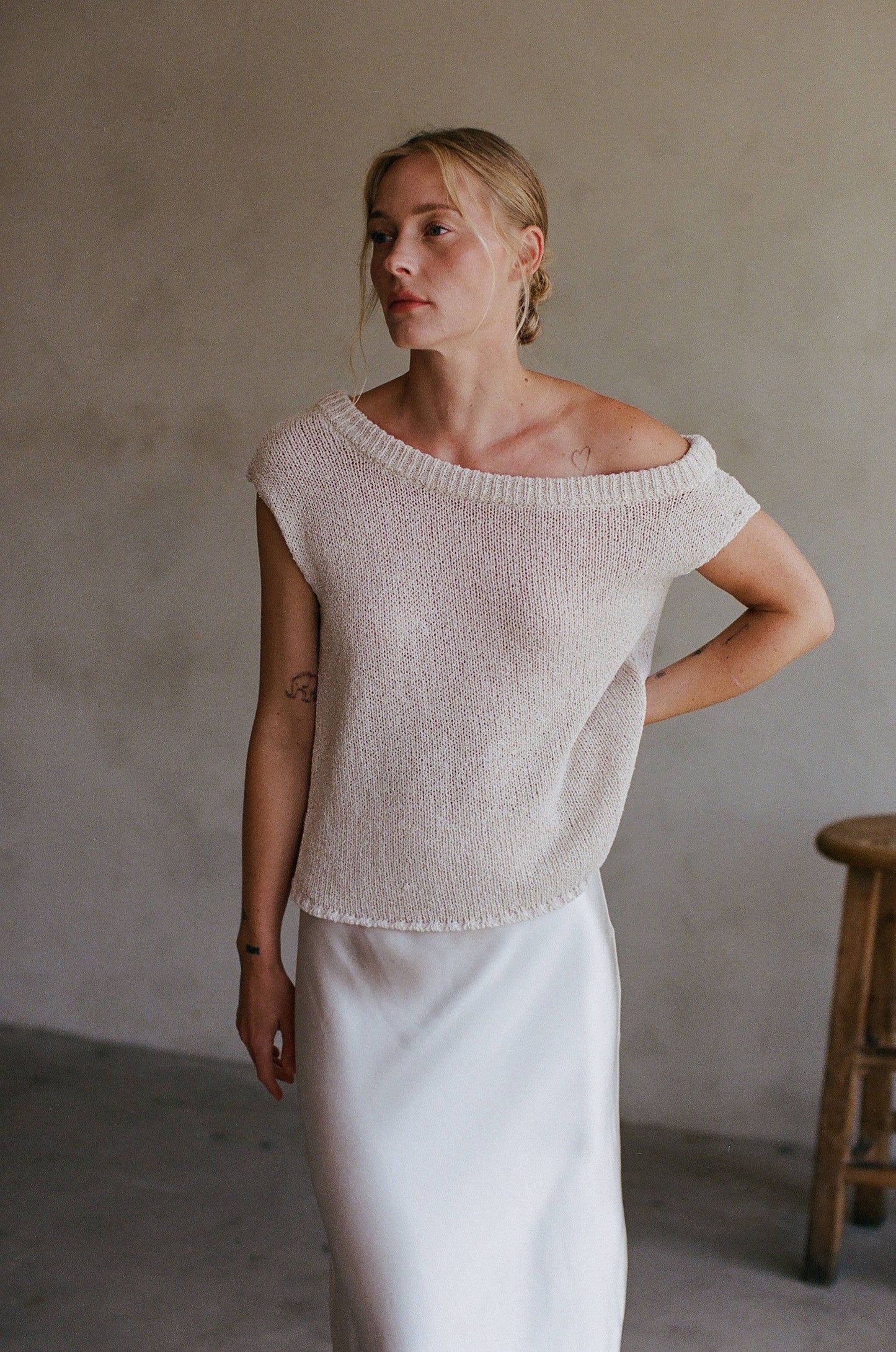 By Together - AW1051 | Knit Sweater One Side Off The Shoulder Top: Oatmeal