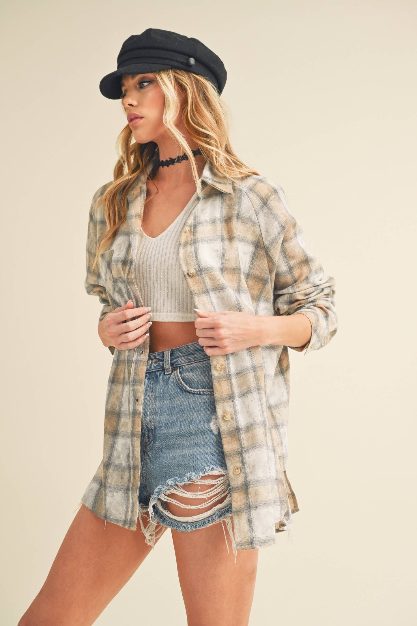 AEMI + CO - 8323DN Laura Plaid Washed Flannel Button Up: Contemporary / Oat