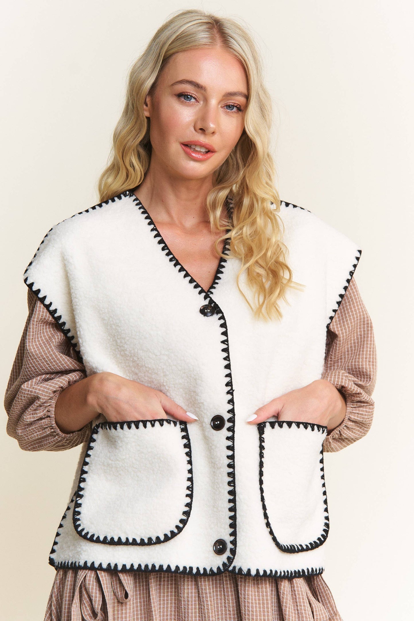 In the Beginning - Taupe Fuzzy Sherpa Vests Jacket: Taupe