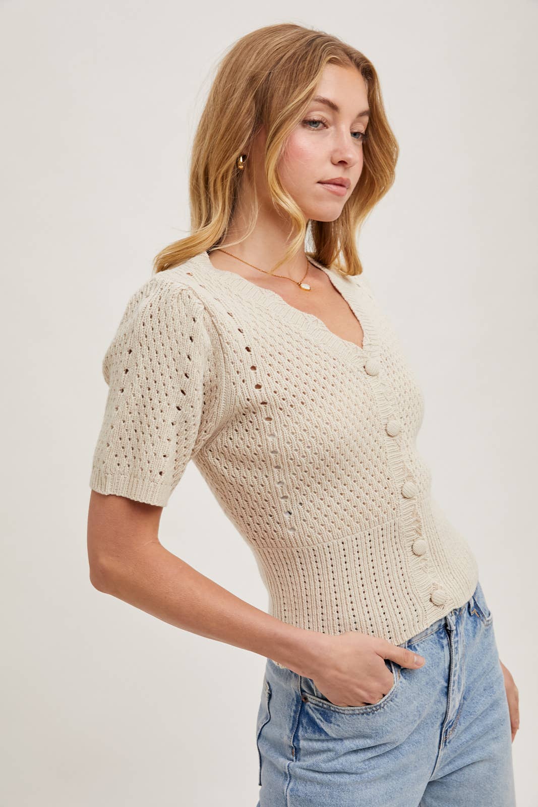 Bluivy - BUTTON DOWN SHORT SLEEVE KNIT CARDIGAN: KELLY GREEN