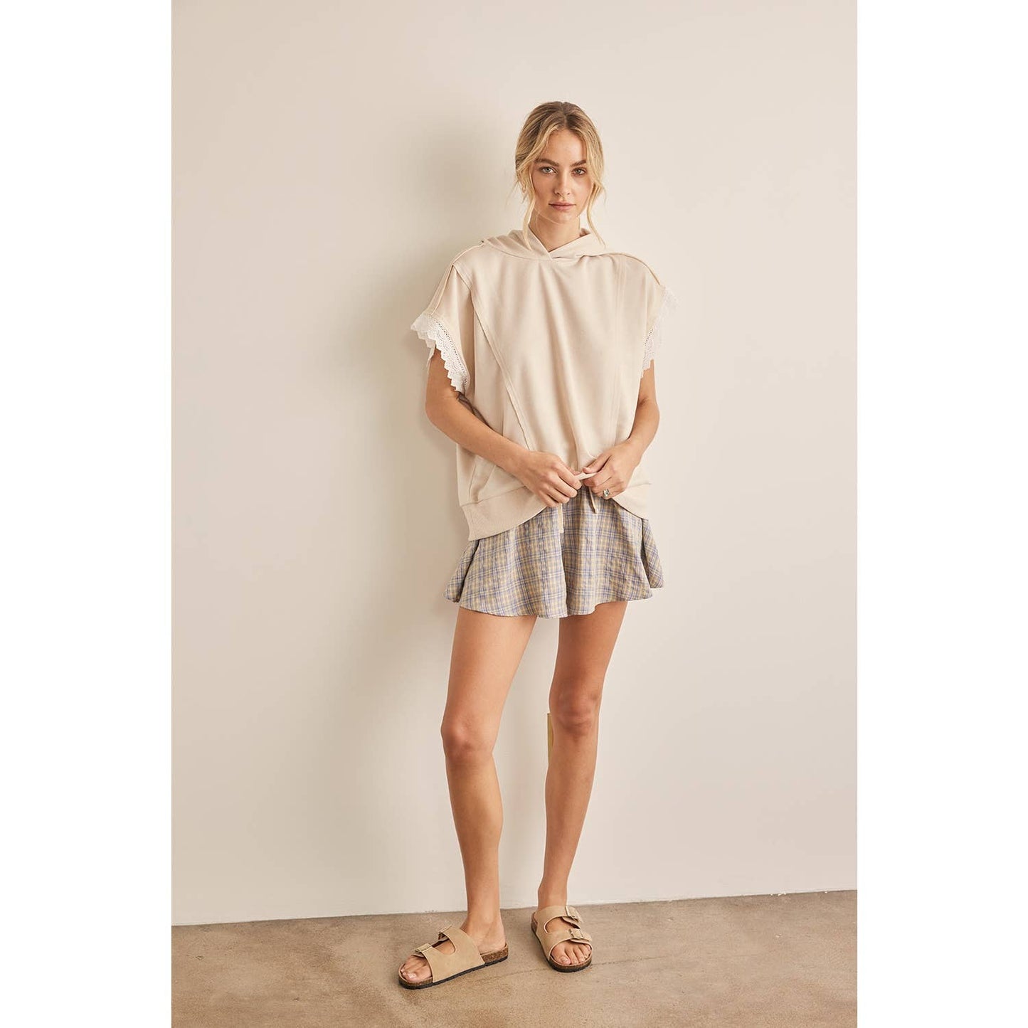 in february - CHECK PATTERN FLOWY CASUAL SHORTS: TAUPE/BLUE