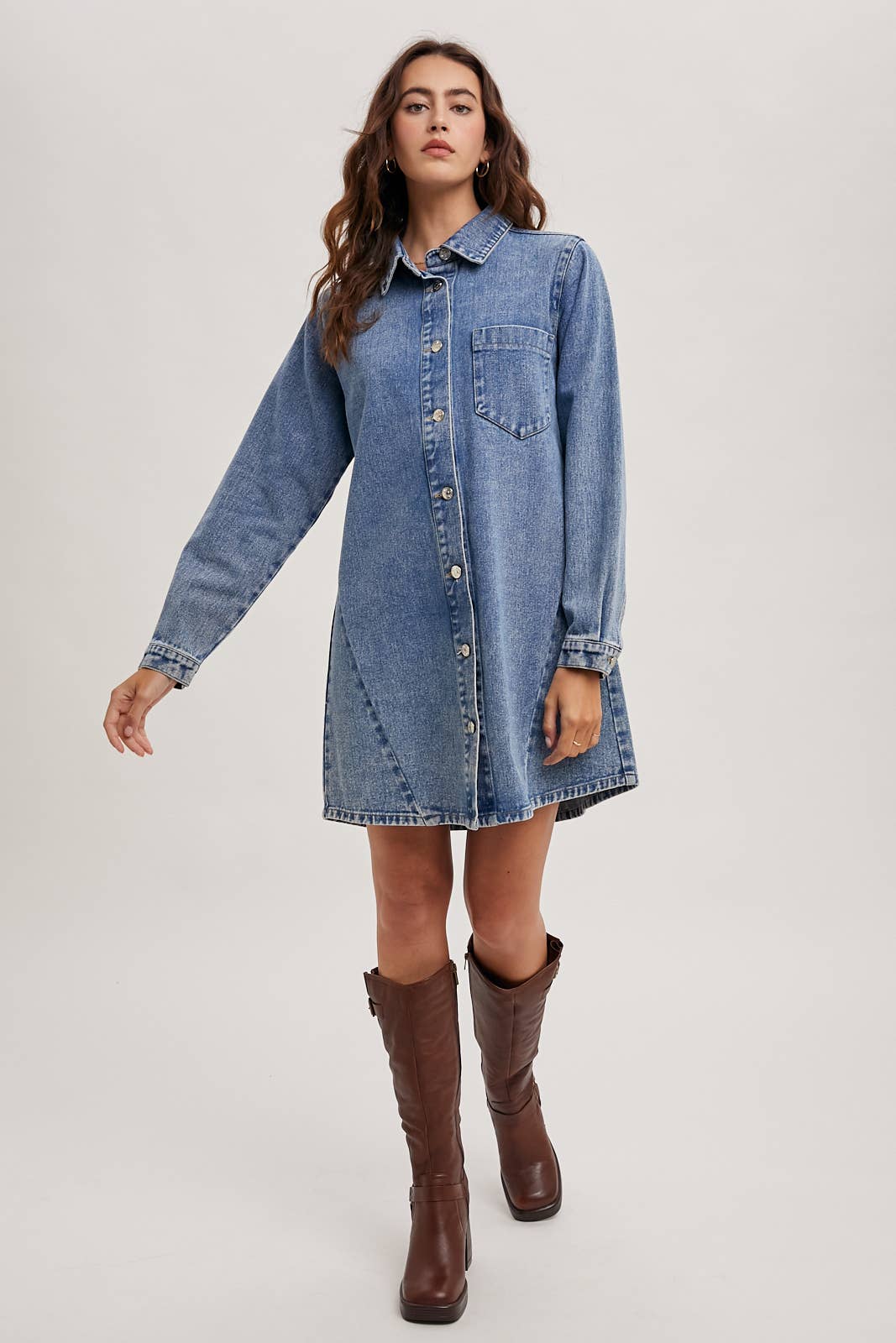Bluivy - DENIM BUTTON DOWN SHIRT DRESS: WASHED BLUE
