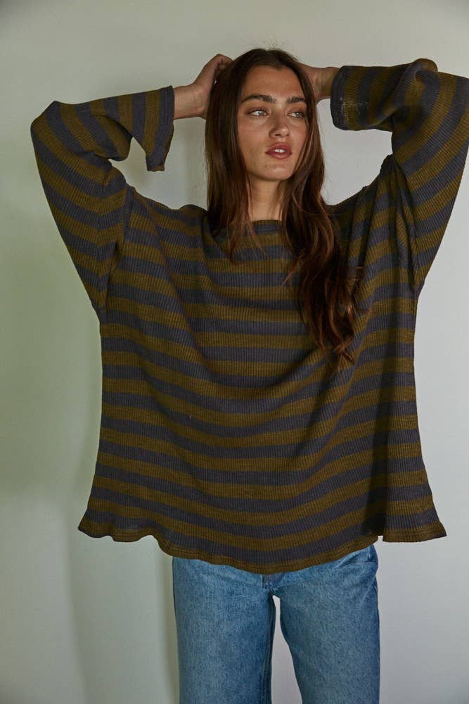 By Together - L7446 | Knit Ribbed Striped Long Sleeve Pullover Top: Olive Charcoal