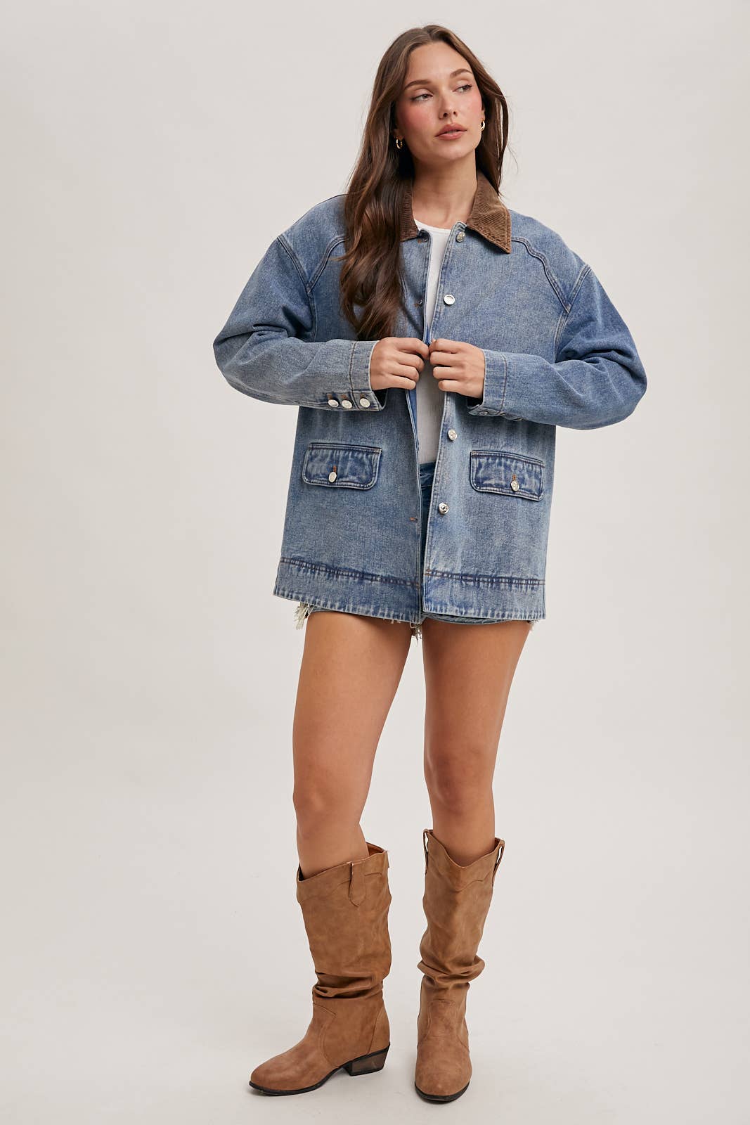 Bluivy - DENIM CORDUROY COLLAR CONTRAST BARN COAT: MED.WASH