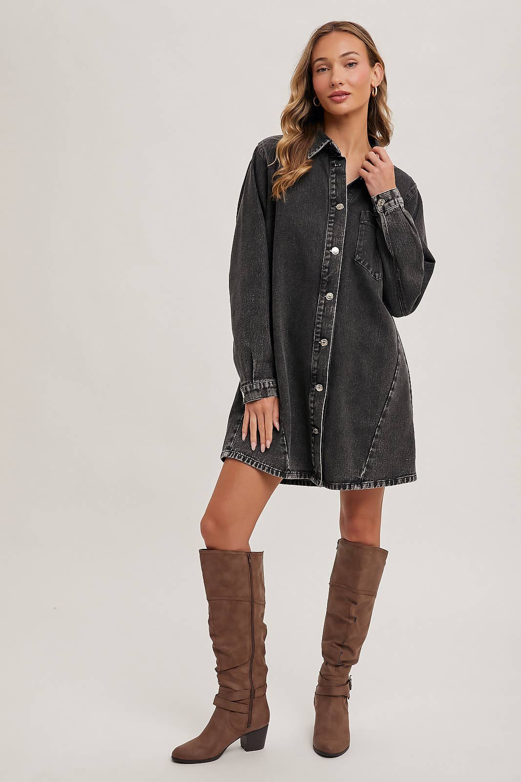 Bluivy - DENIM BUTTON DOWN SHIRT DRESS: WASHED BLUE