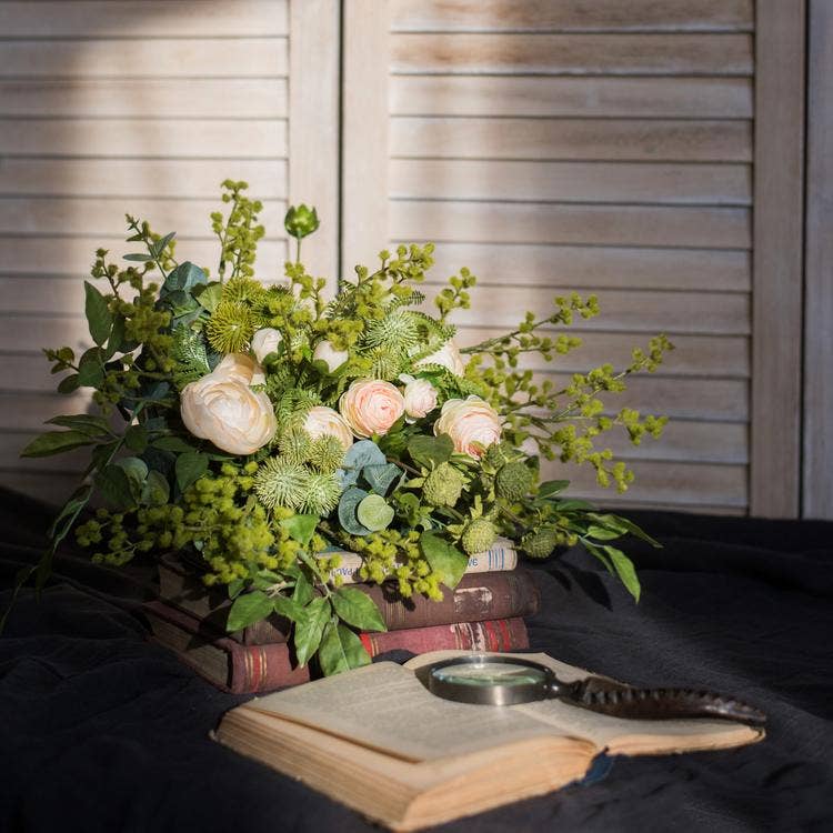 Rustic Reach - Artificial Flower Bouquet Greenery White Rose Bouquet 13" Ta
