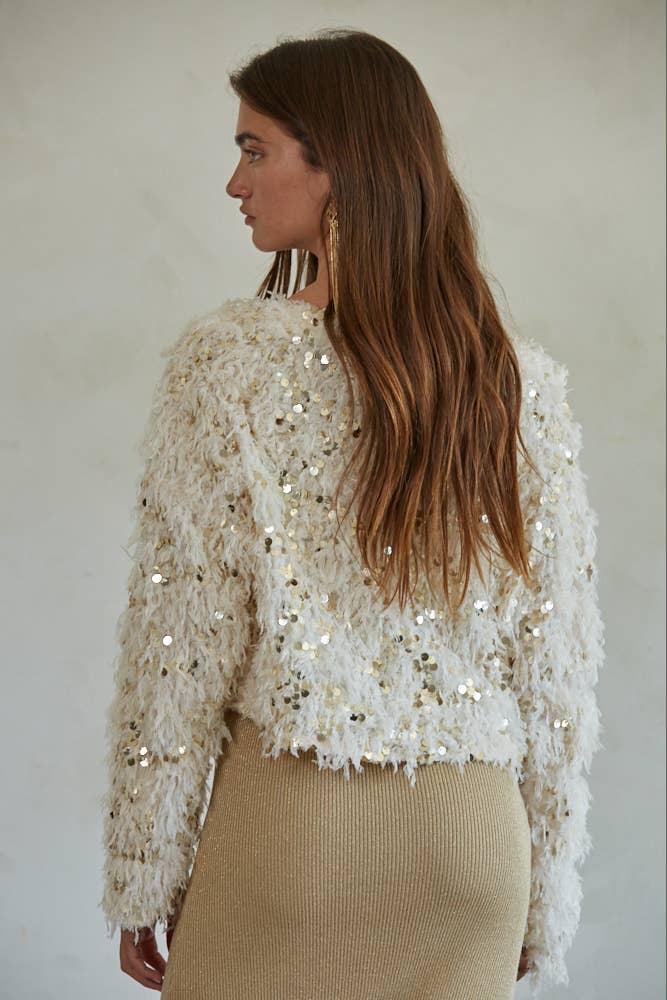 By Together - L7324 | Sequin Round Neck Long Sleeve Pullover Top: Natural