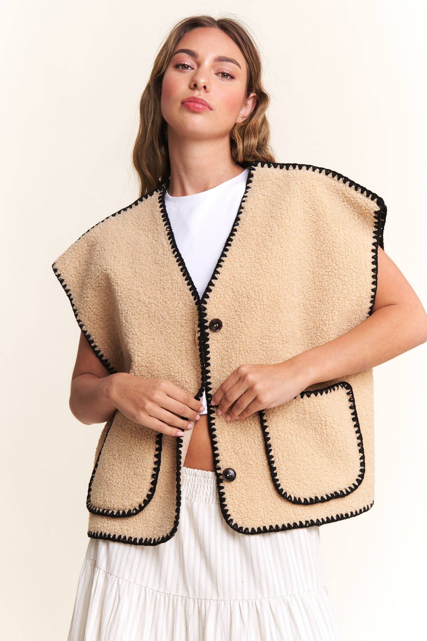 In the Beginning - Taupe Fuzzy Sherpa Vests Jacket: Taupe