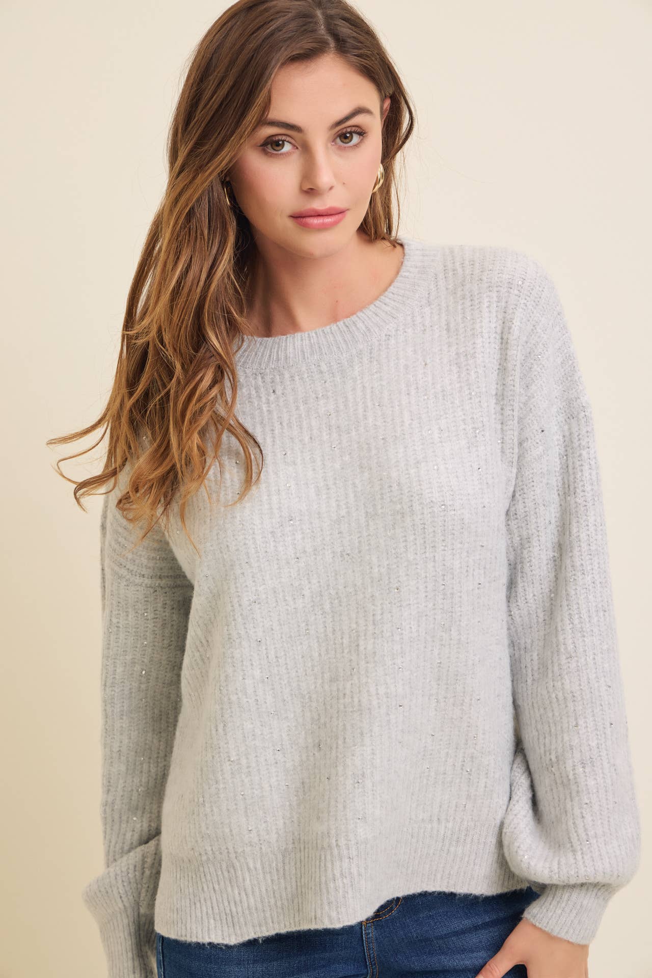 Klesis - IT4000 FUZZY SOFT RHINESTONE SWEATER KNIT TOP: Black / M