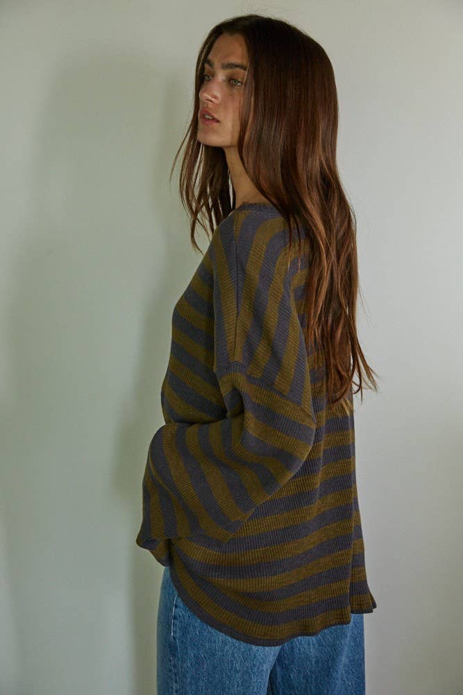 By Together - L7446 | Knit Ribbed Striped Long Sleeve Pullover Top: Olive Charcoal