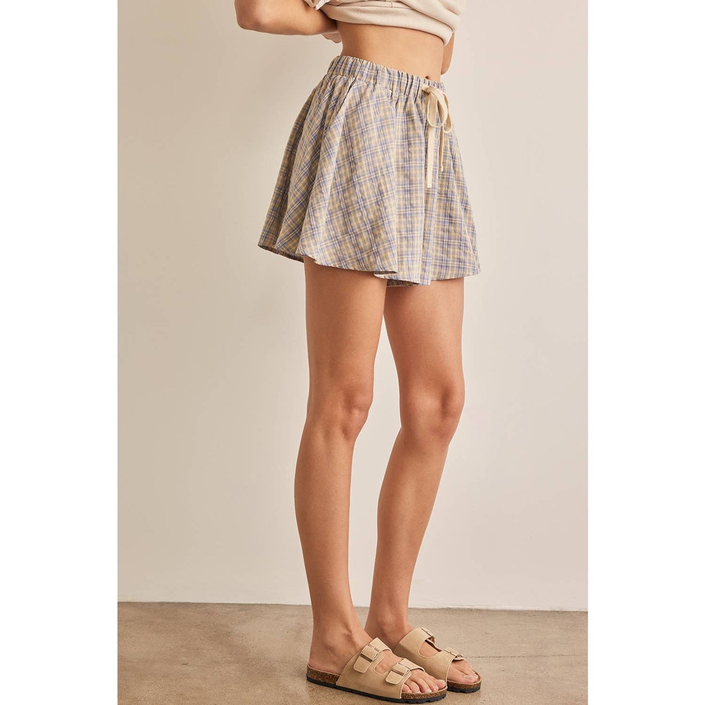 in february - CHECK PATTERN FLOWY CASUAL SHORTS: TAUPE/BLUE