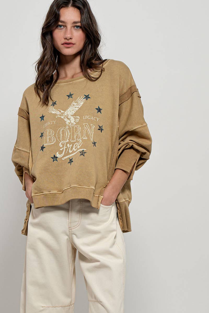 Born Free Eagle Stars Western Oversized Crewneck Sweatshirt: MISTED YELLOW