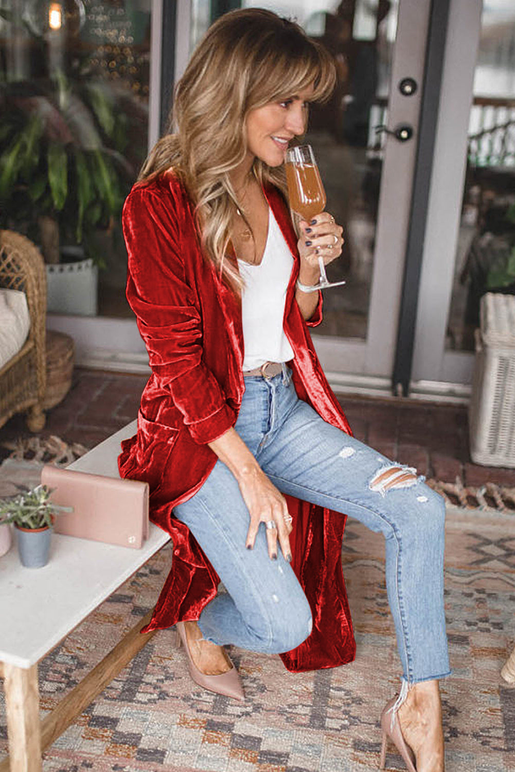 Velvet Open Front Pocketed Long Duster