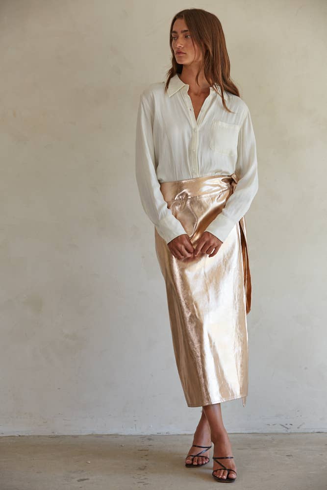 By Together - L7638 | Woven PU Tie Strap Detail Wrap Midi Skirt: Rose Gold