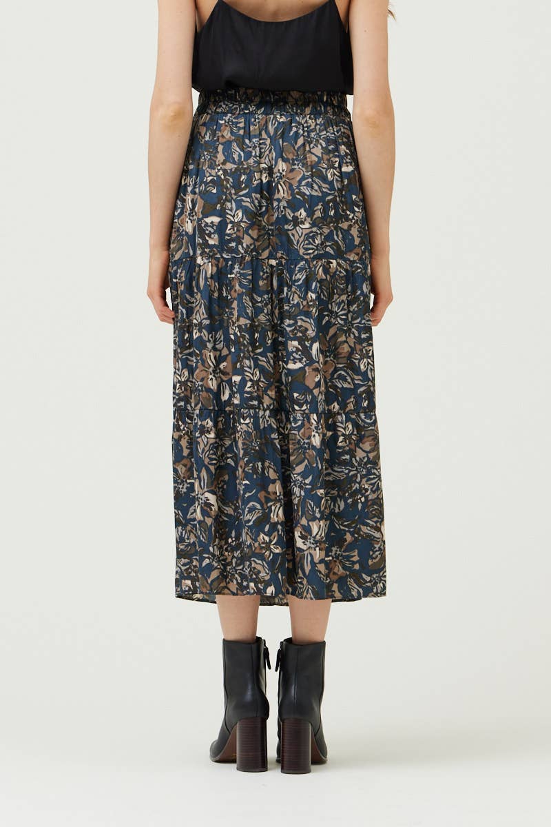Grade & Gather - 50410VG - TIERED PRINTED CHIFFON SKIRT: Black / Contemporary