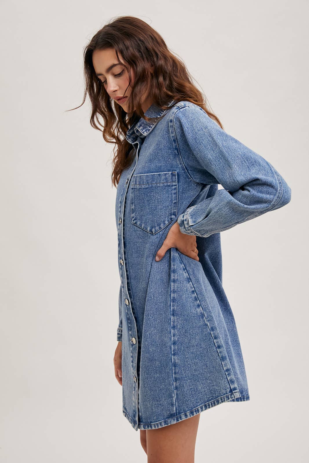 Bluivy - DENIM BUTTON DOWN SHIRT DRESS: WASHED BLUE