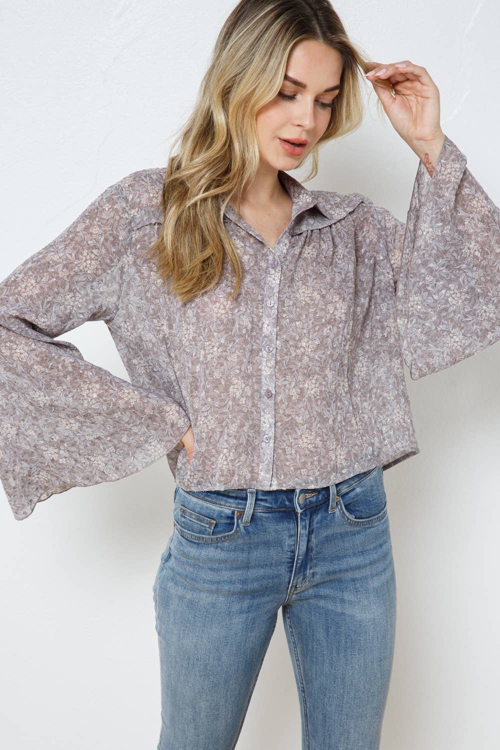 Blue B - 22079T - Chiffon Clip Dot Jacquard Button Bell Sleeve Blouse: GREY