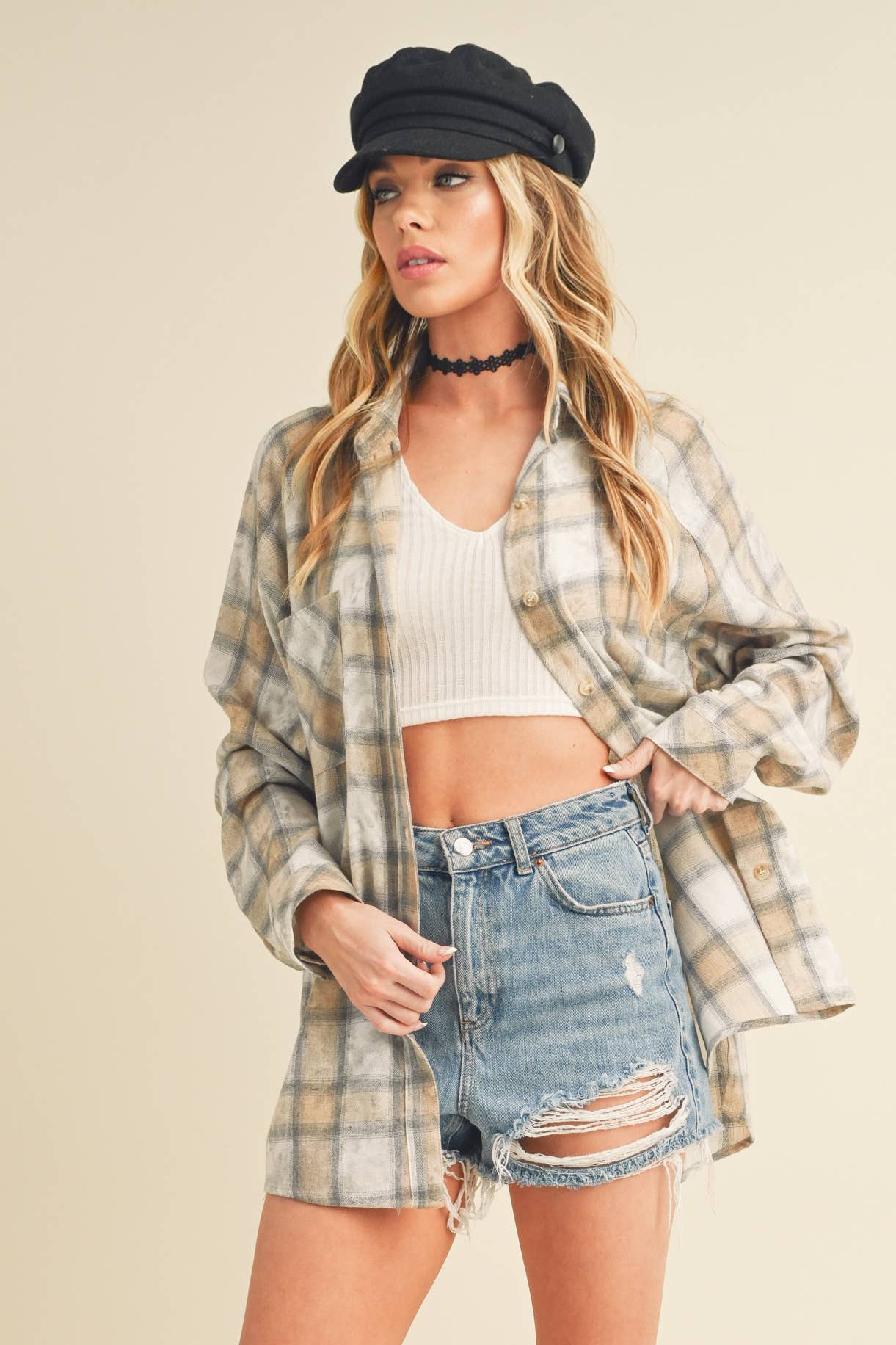 AEMI + CO - 8323DN Laura Plaid Washed Flannel Button Up: Contemporary / Oat