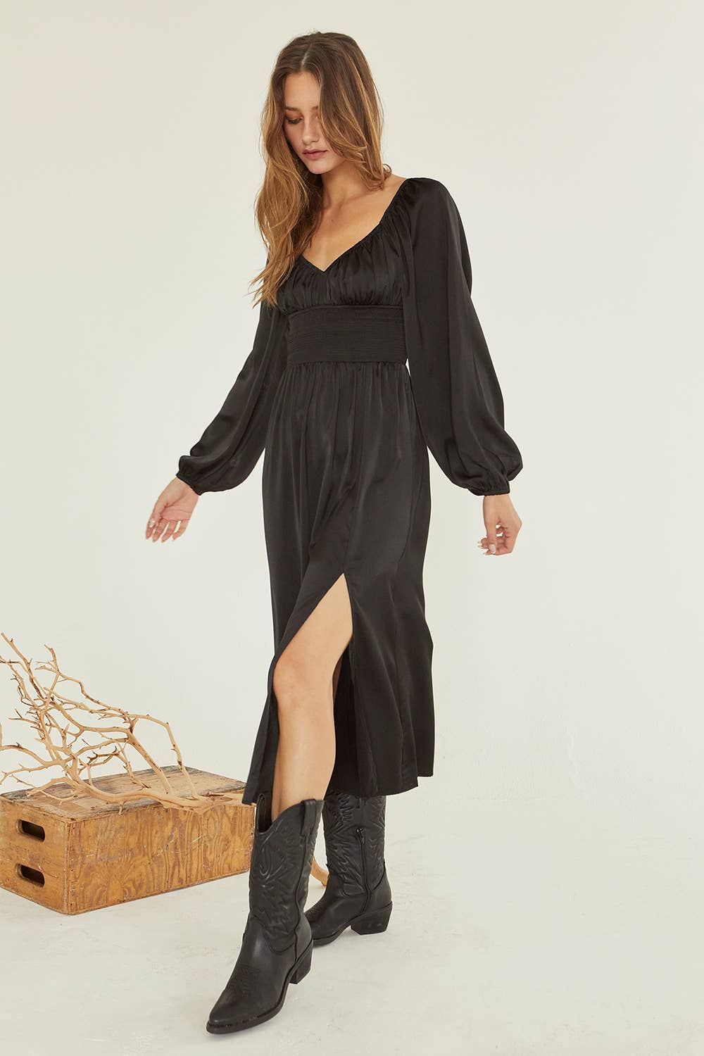 Crescent - CD8131 - Nubia Satin Midi Dress: BLACK