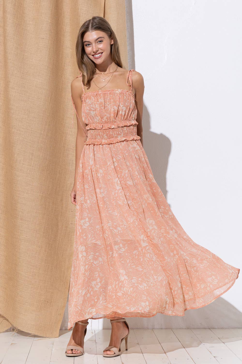 Blue B - 32048D - Chiffon Smocked Waist Ruffle Tie Shoulder Maxi: CANYON CLAY