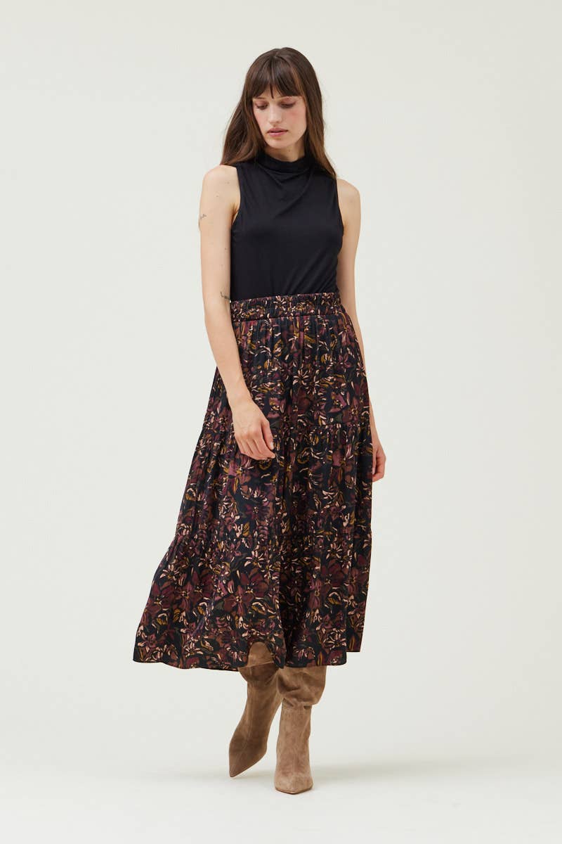 Grade & Gather - 50410VG - TIERED PRINTED CHIFFON SKIRT: Black / Contemporary