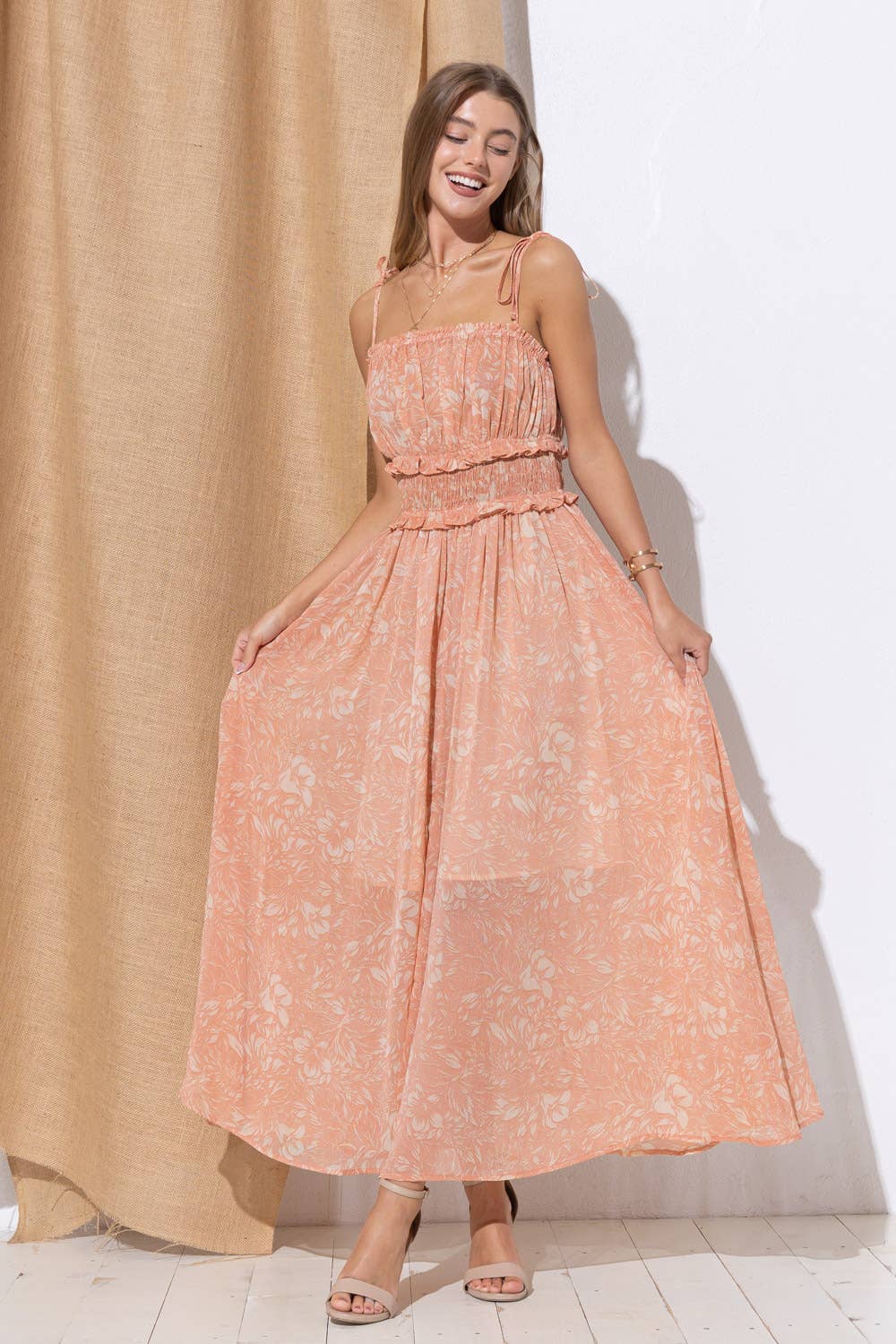 Blue B - 32048D - Chiffon Smocked Waist Ruffle Tie Shoulder Maxi: CANYON CLAY